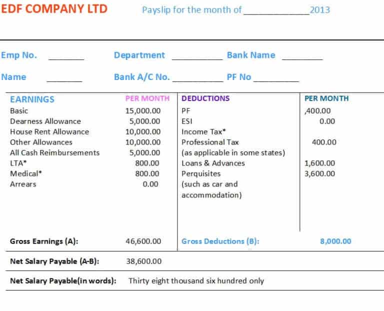 prepare a salary slip of an employee in ms excel