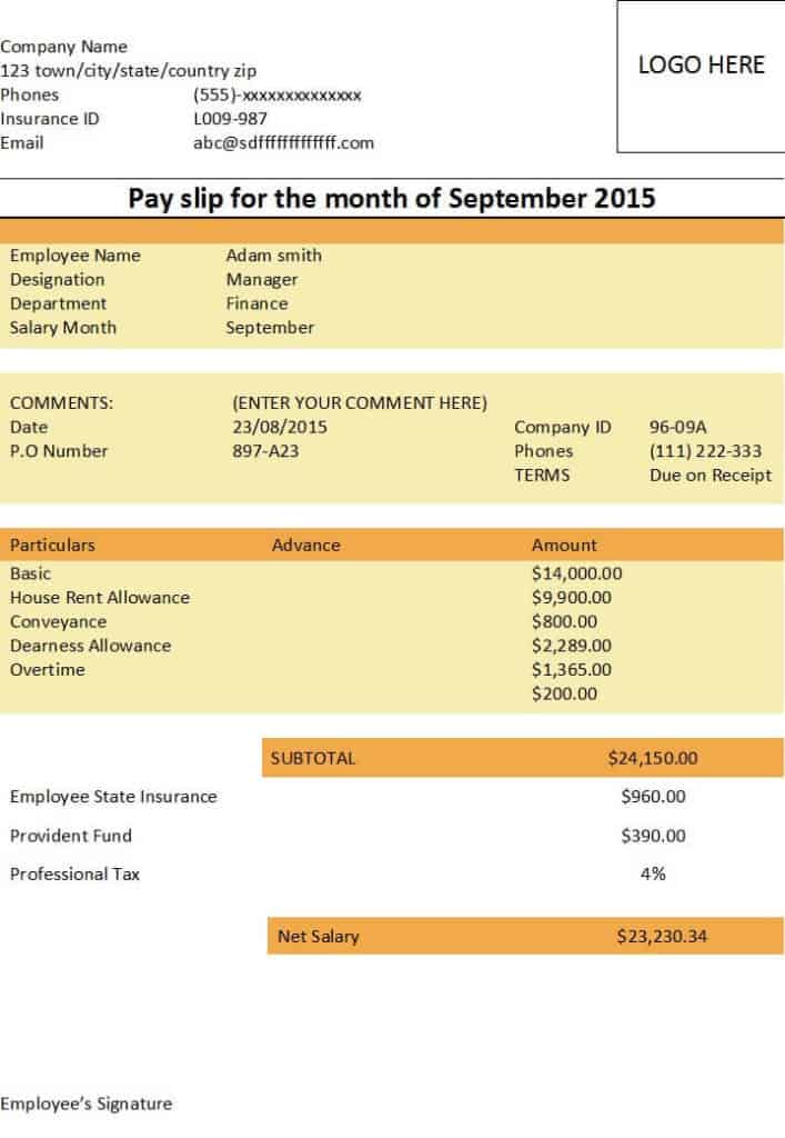  Excel Payslip Template Free Download DocTemplates