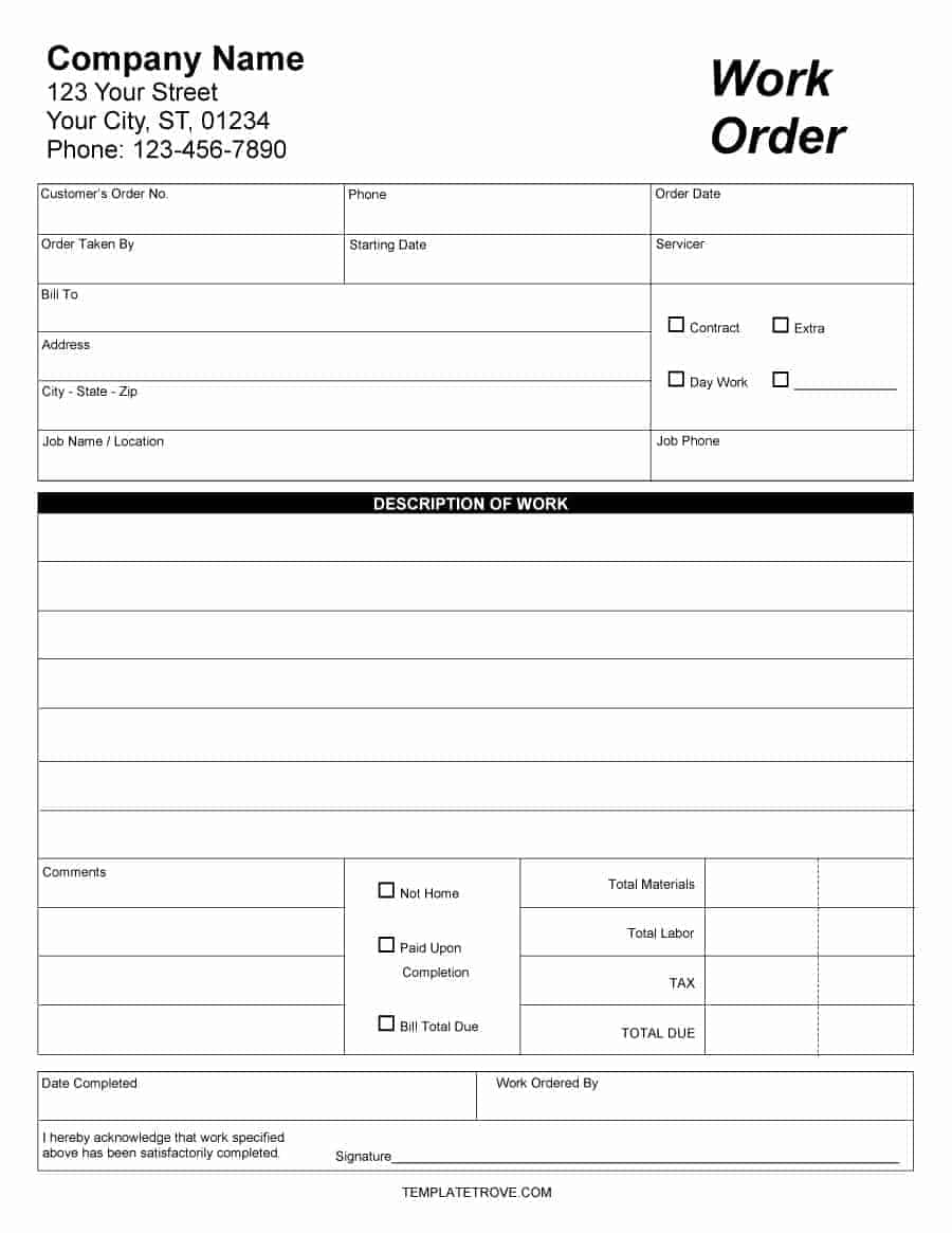 Generic Work Order Form Printable FREE 9  Sample Work Order Forms in